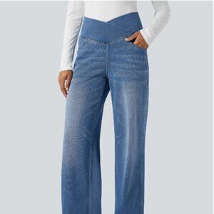 Halara Flex Crossover Tummy Control Straight Leg Jeans with Pockets Blue Jasper